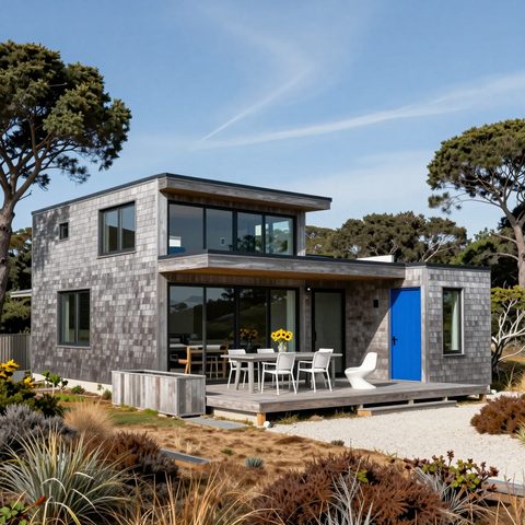 Grey shingle-clad modern home with a large deck and glazed corner, overlooking a coastal lot