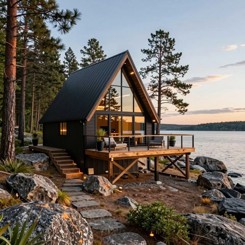 Black A-frame cottage with a full-height glazed gable, timber deck and steel railing on a waterfront lot