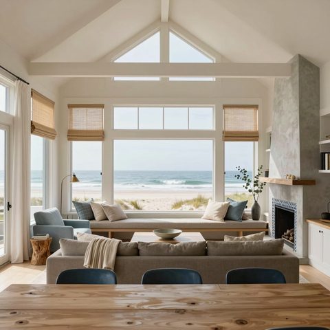 Vaulted living room with exposed trusses, a stone fireplace and a wall of glass framing a water view