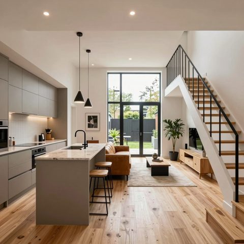 Open-plan kitchen and stairwell with oak flooring, dark island and full-height glazing to a garden