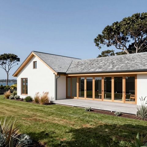 White board-and-batten home with a timber-framed glazed wing opening onto a cedar deck